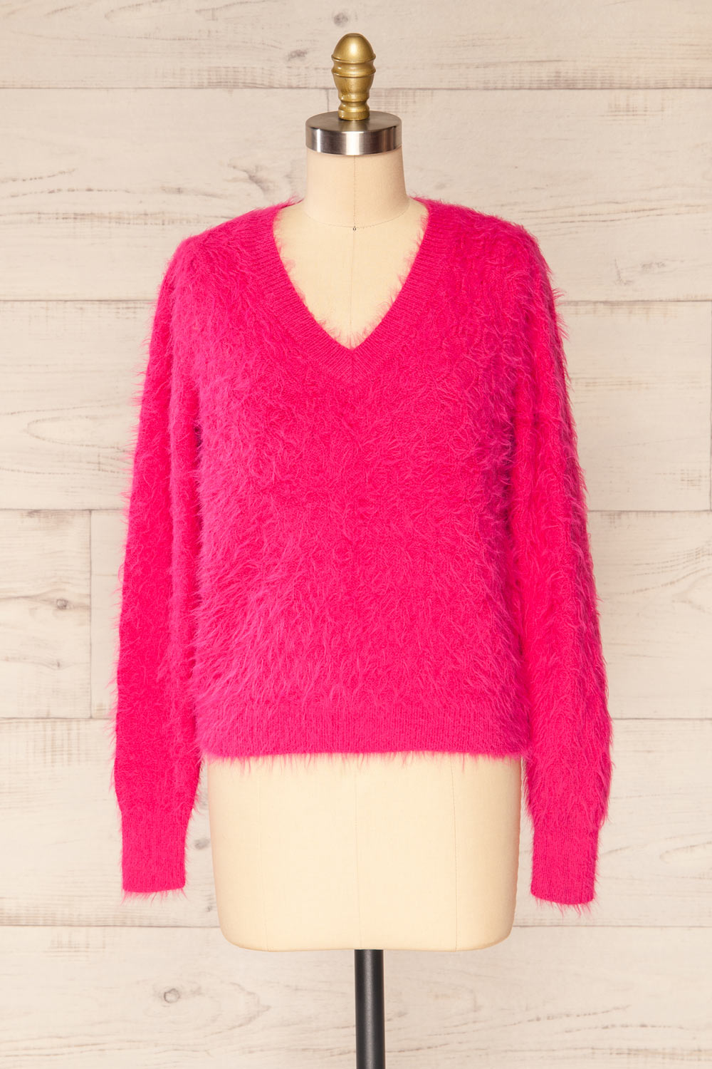 Vinitsa Fuschia Pink Fuzzy V-Neck Sweater | La petite garçonne front view