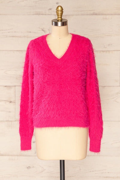 Vinitsa Fuschia Pink Fuzzy V-Neck Sweater | La petite garçonne front view