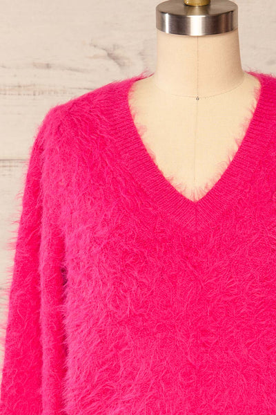 Vinitsa Fuschia Pink Fuzzy V-Neck Sweater | La petite garçonne front close up