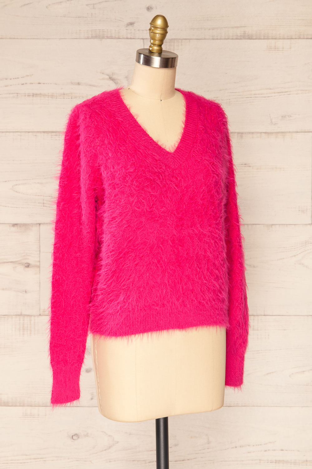 Vinitsa Fuschia Pink Fuzzy V-Neck Sweater | La petite garçonne side view