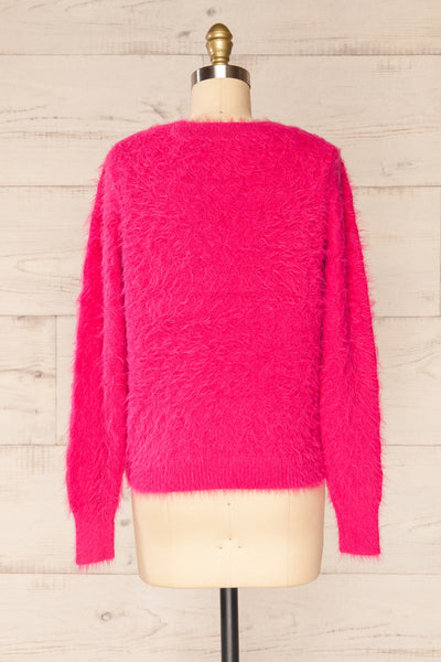 Vinitsa Fuschia Pink Fuzzy V-Neck Sweater | La petite garçonne back view