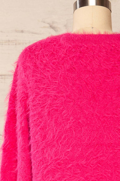 Vinitsa Fuschia Pink Fuzzy V-Neck Sweater | La petite garçonne back close up