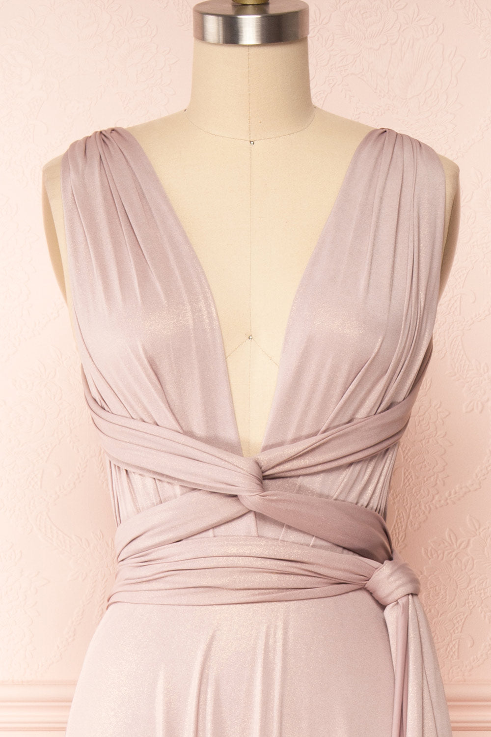 Violaine Blush Shimmer Convertible Maxi Dress | Boutique 1861 front close up belt