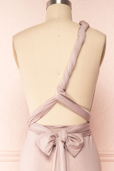 Violaine Blush Shimmer Convertible Maxi Dress | Boutique 1861 back close up bow