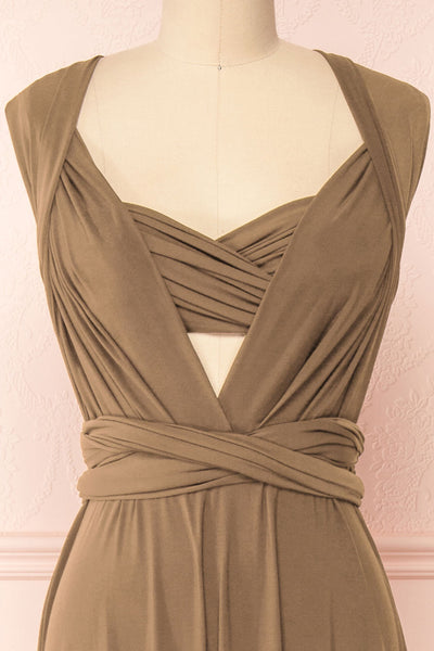 Violaine Taupe Convertible Maxi Dress | Boutique 1861 second front close-up