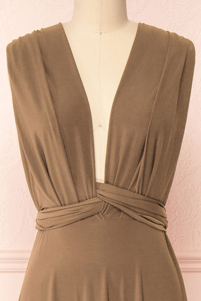 Violaine Taupe Convertible Maxi Dress | Boutique 1861 front close-up