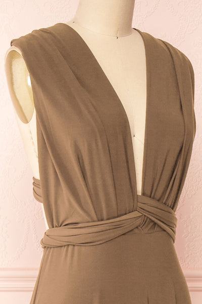 Violaine Taupe Convertible Maxi Dress | Boutique 1861 side close-up