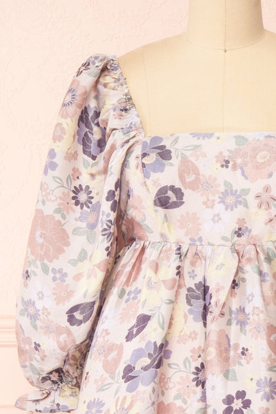 Violette Short Floral Dress w/ Puff Sleeves | Boutique 1861 front close-up