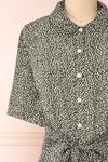 Viridis Green Belted Short Sleeve Midi Shirt Dress | Boutique 1861  front close-up