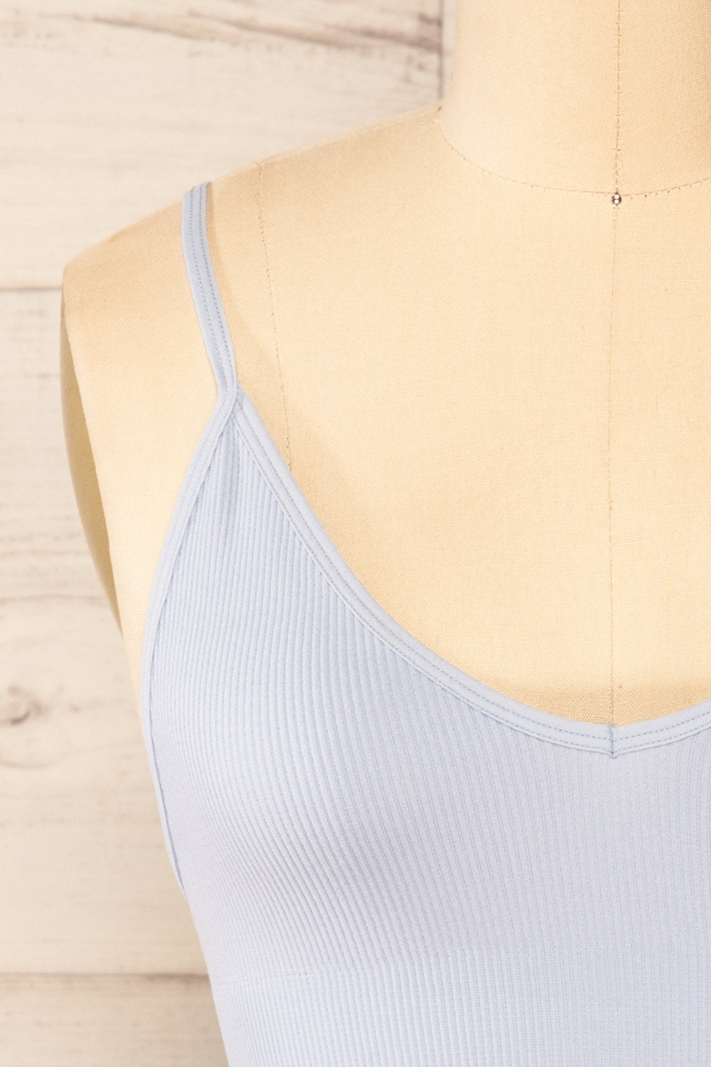 Vlora Blue V-Neck Ribbed Bralette | La petite garçonne front close-up