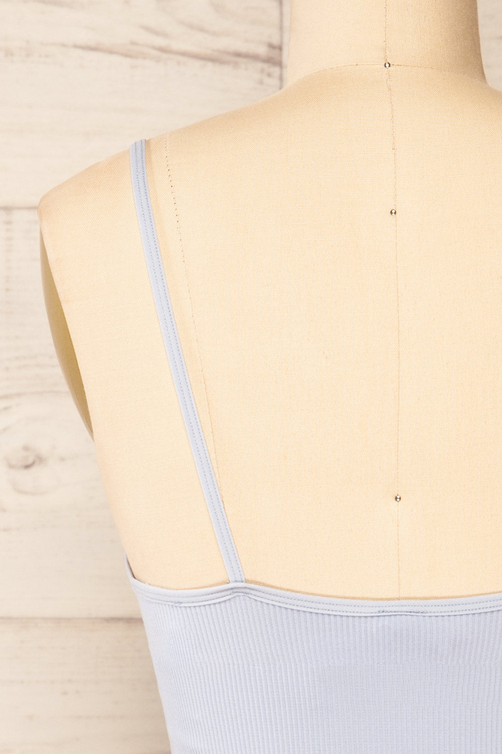 Vlora Blue V-Neck Ribbed Bralette | La petite garçonne back close-up