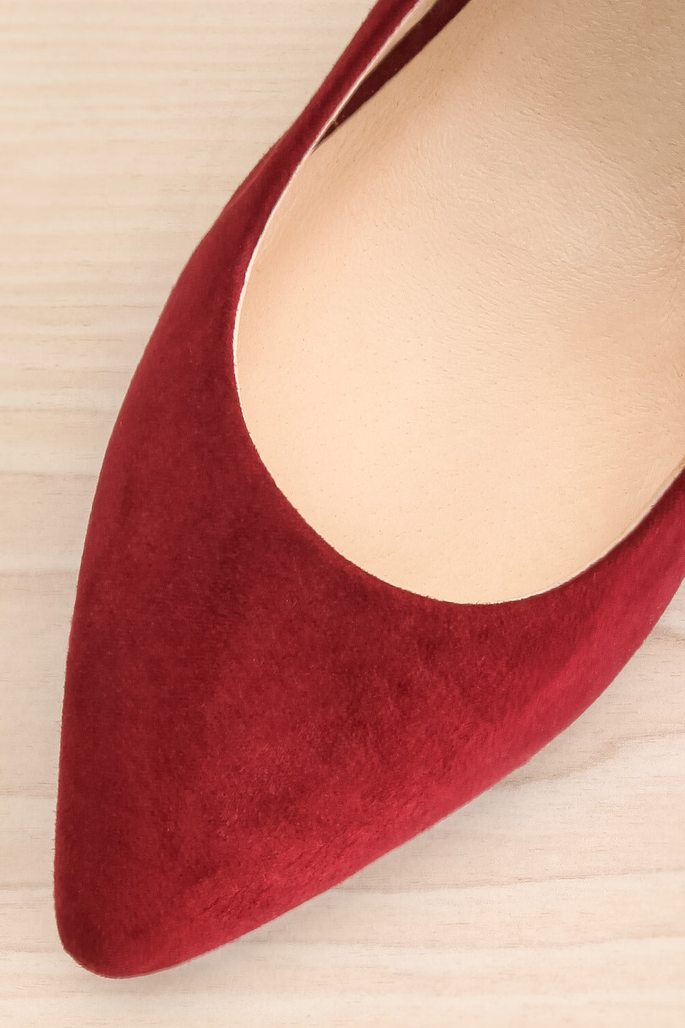 Vouvray Burgundy Suede Pointed Toe Heels | La petite garçonne flat close-up
