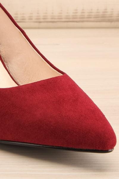Vouvray Burgundy Suede Pointed Toe Heels | La petite garçonne front close-up