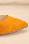 Vouvray Mustard Suede Pointed Toe Heels | La petite garçonne side close-up