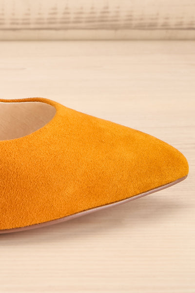 Vouvray Mustard Suede Pointed Toe Heels | La petite garçonne side close-up