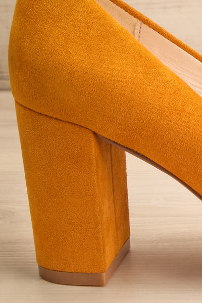 Vouvray Mustard Suede Pointed Toe Heels | La petite garçonne side back close-up