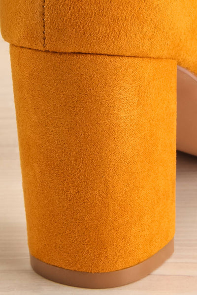 Vouvray Mustard Suede Pointed Toe Heels | La petite garçonne back close-up