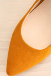 Vouvray Mustard Suede Pointed Toe Heels | La petite garçonne flat close-up