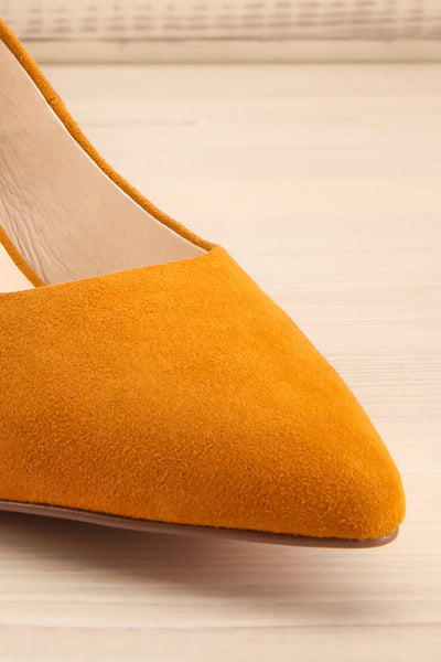 Vouvray Mustard Suede Pointed Toe Heels | La petite garçonne front close-up