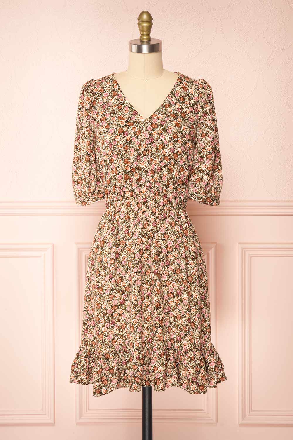 Vreni Floral V Neck Short Dress w/ Elastic Waist | Boutique 1861 front view 