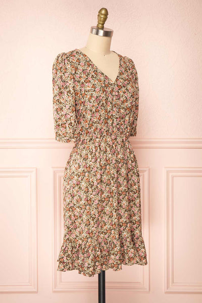 Vreni Floral V Neck Short Dress w/ Elastic Waist | Boutique 1861 side view