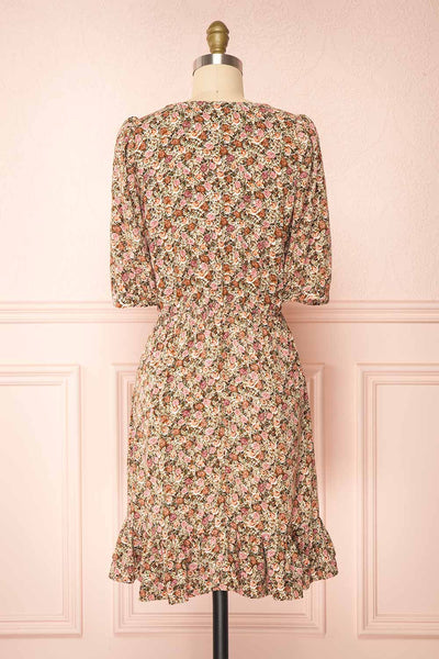 Vreni Floral V Neck Short Dress w/ Elastic Waist | Boutique 1861 back view