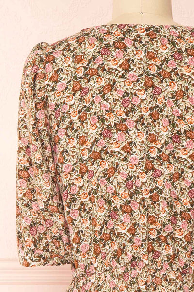 Vreni Floral V Neck Short Dress w/ Elastic Waist | Boutique 1861 back close-up
