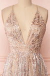 Waneta Glittery Beige Dress | Robe Beige | Boutique 1861 front close-up