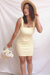 Serpa Yellow | Short Fitted Ruched Dress w/ Ruffles