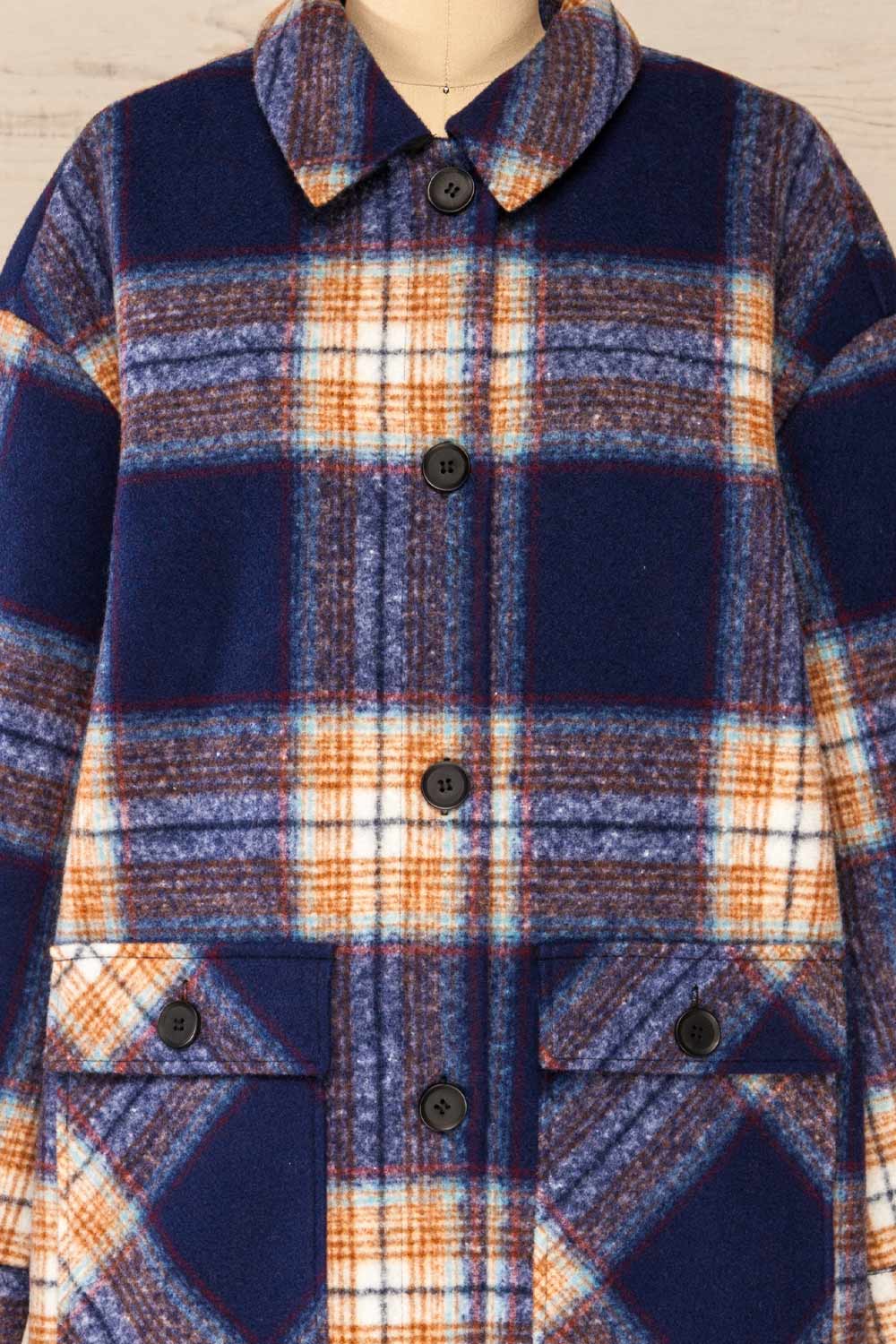 Wellor Blue Oversized Plaid Shirt Jacket | La petite garçonne front close-up