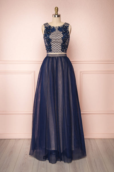 Wenxin Navy Tulle Crop Top & Maxi Skirt Set | Boutique 1861 front view