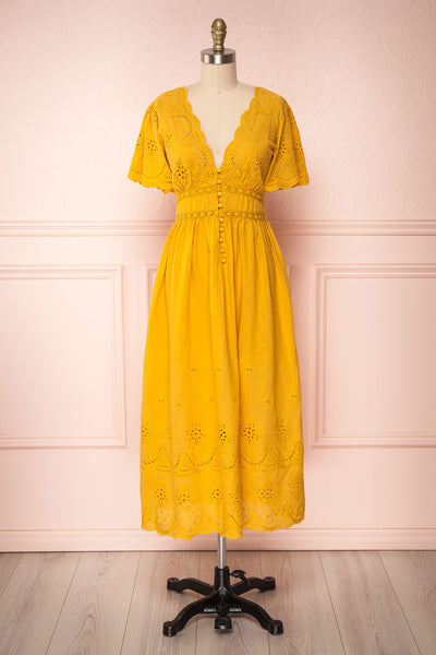 Werda Mustard Yellow Lace Details A-Line Midi Dress | Boutique 1861