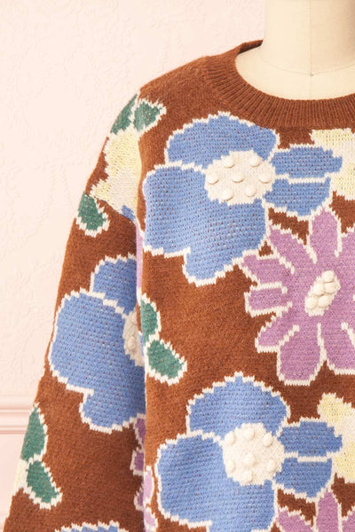 Wrenn Brown Floral Patterned Knit Sweater | Boutique 1861 front close-up