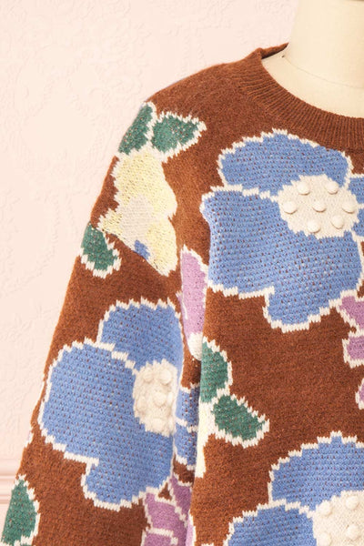 Wrenn Brown Floral Patterned Knit Sweater | Boutique 1861  side close-up