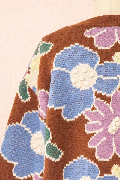 Wrenn Brown Floral Patterned Knit Sweater | Boutique 1861  back close-up