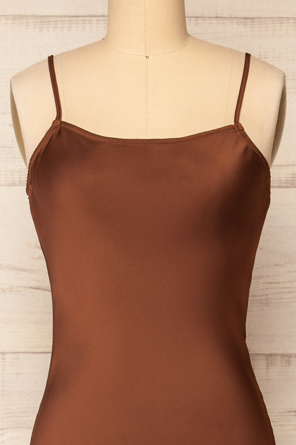 Xilloux Brown Midi Slip Dress w/ Adjustable Straps | La petite garçonne   front close-up