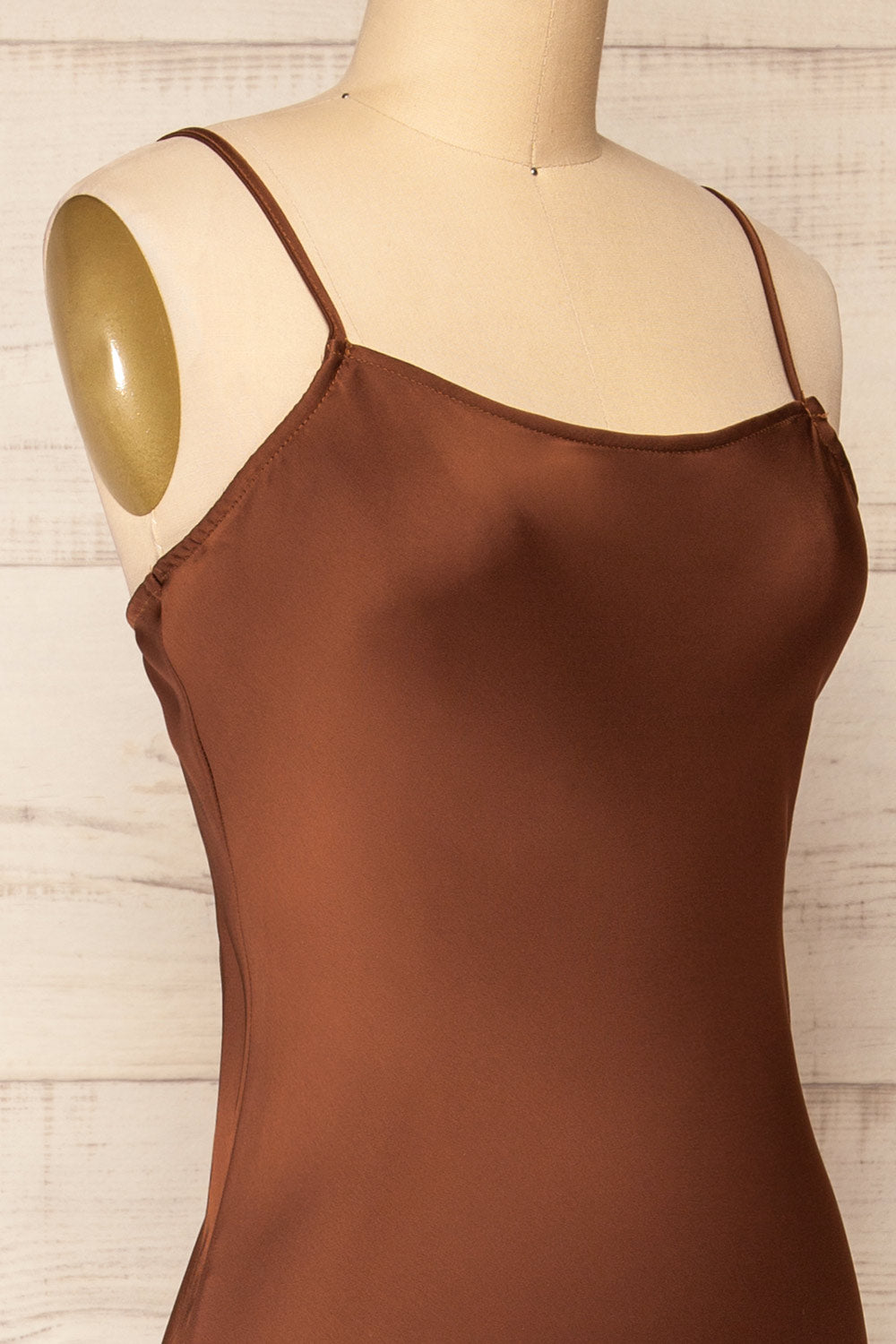 Xilloux Brown Midi Slip Dress w/ Adjustable Straps | La petite garçonne  side close-up
