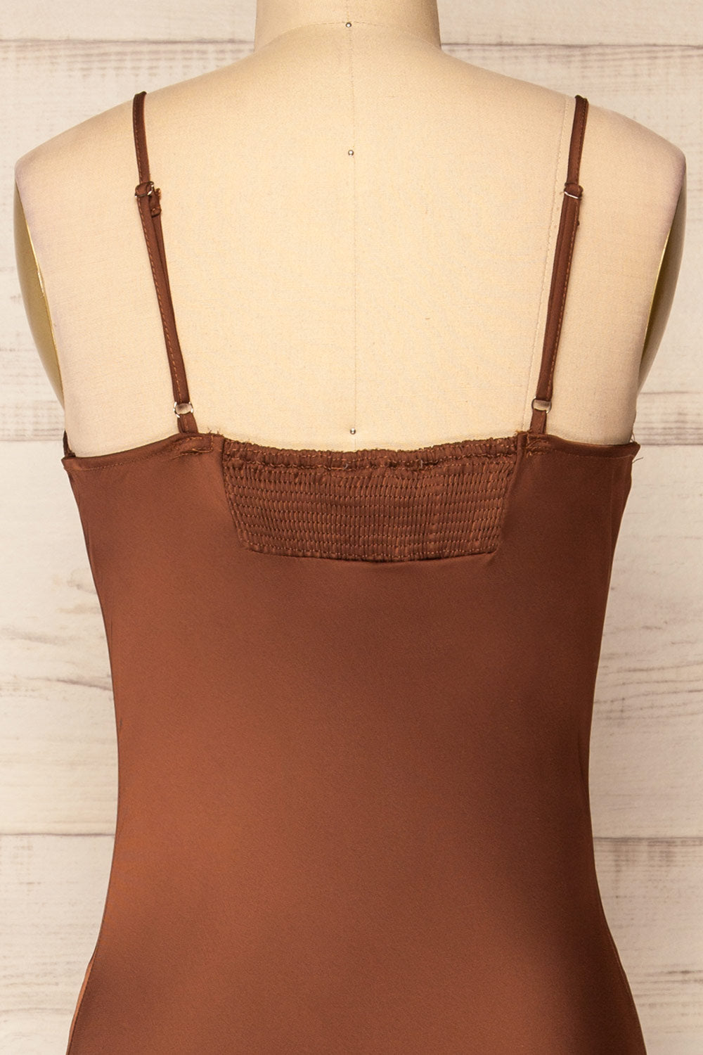 Xilloux Brown Midi Slip Dress w/ Adjustable Straps | La petite garçonne  back close-up