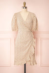 Xinqian Beige Floral Wrap Dress w/ Puffy Sleeves | Boutique 1861 front view