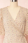 Xinqian Beige Floral Wrap Dress w/ Puffy Sleeves | Boutique 1861 front close up