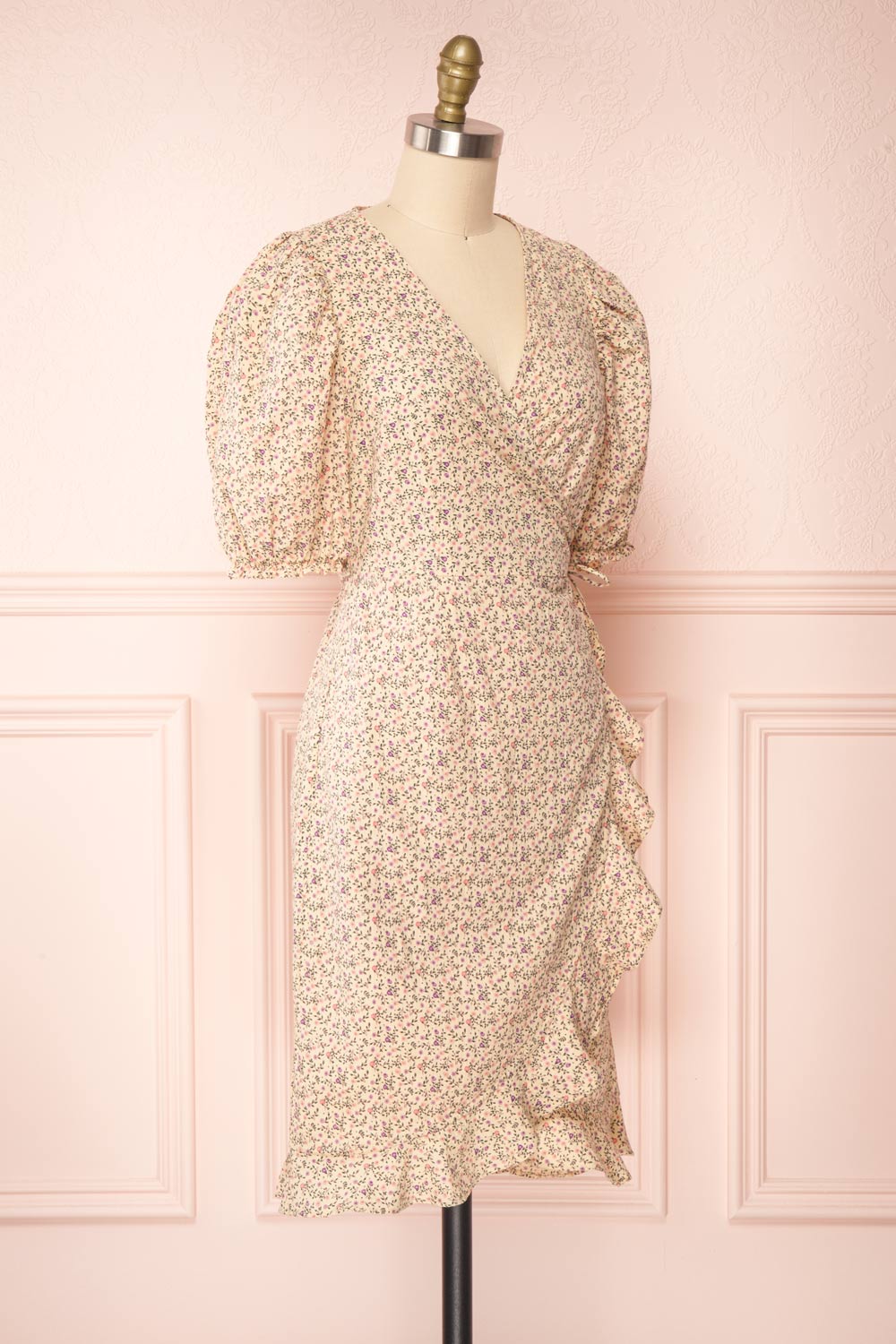 Xinqian Beige Floral Wrap Dress w/ Puffy Sleeves | Boutique 1861 side view