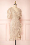 Xinqian Beige Floral Wrap Dress w/ Puffy Sleeves | Boutique 1861 side view