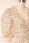 Xinqian Beige Floral Wrap Dress w/ Puffy Sleeves | Boutique 1861 side close up