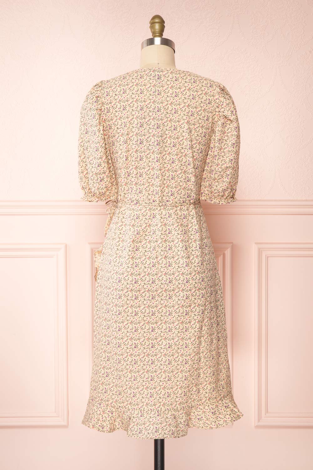 Xinqian Beige Floral Wrap Dress w/ Puffy Sleeves | Boutique 1861 back view