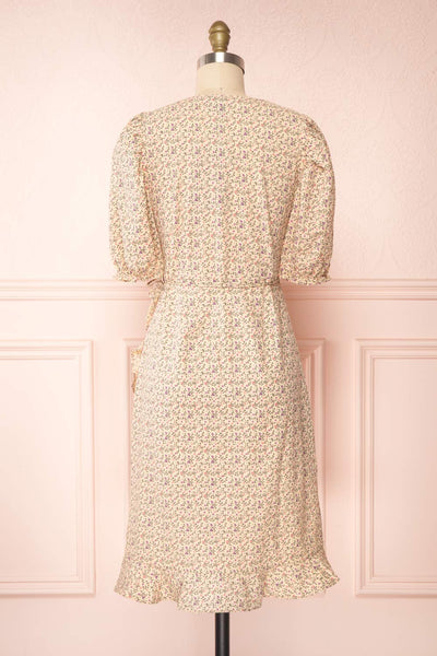 Xinqian Beige Floral Wrap Dress w/ Puffy Sleeves | Boutique 1861 back view