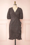 Xinqian Black Floral Wrap Dress w/ Puffy Sleeves | Boutique 1861 front view