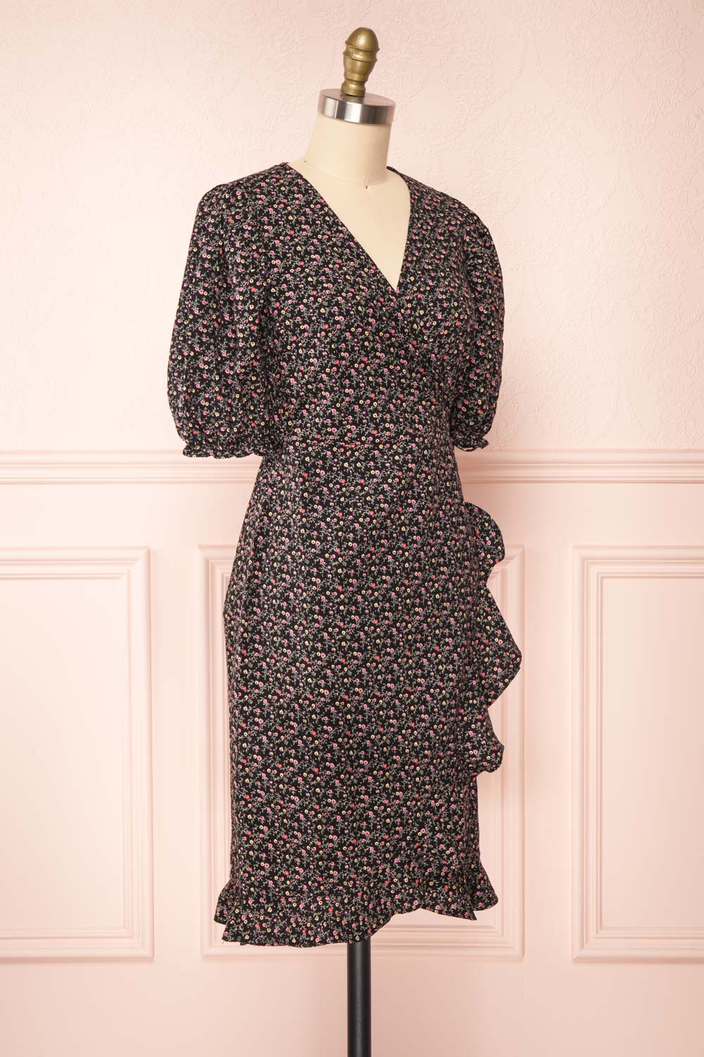 Xinqian Black Floral Wrap Dress w/ Puffy Sleeves | Boutique 1861 side view