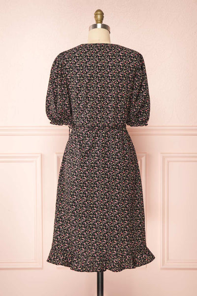 Xinqian Black Floral Wrap Dress w/ Puffy Sleeves | Boutique 1861 back view