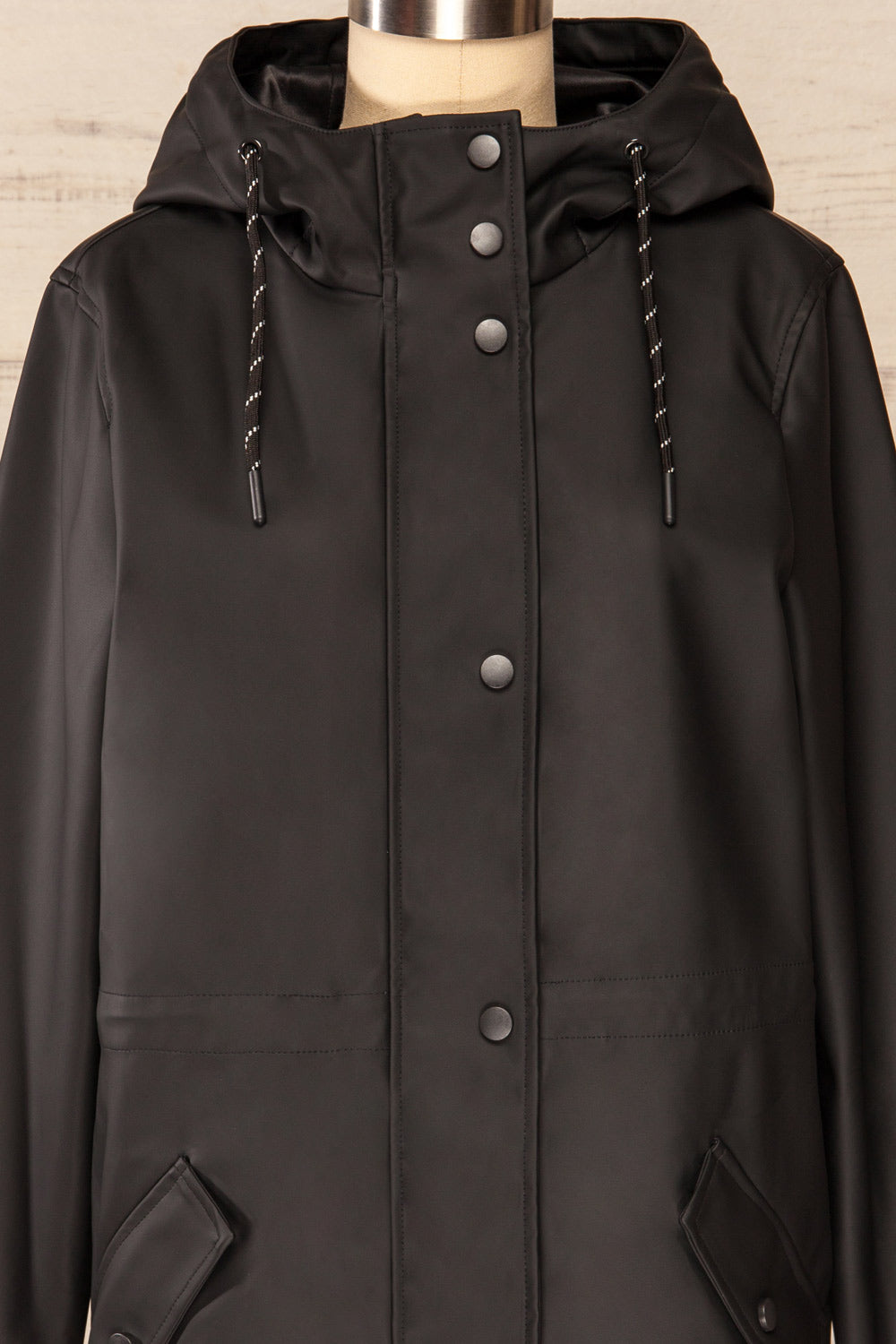 Xito Black Raincoat w/ Waist Drawstring | La petite garçonne front close-up