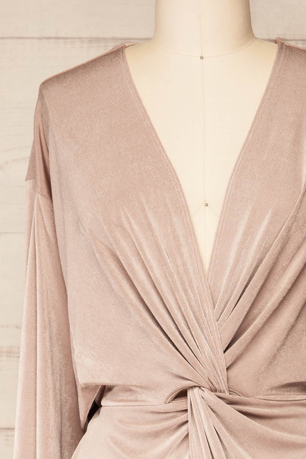 Xurne Champagne Long Sleeve Shimmery Romper | La petite garçonne front close-up